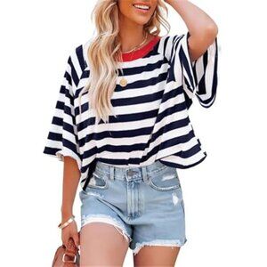 Striped Color Block Top White Blue Red Neck Casual Tee